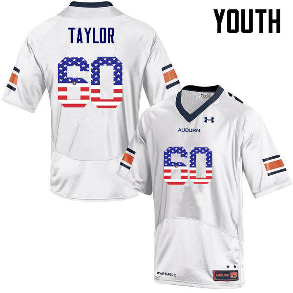 Youth #60 Bill Taylor Auburn Tigers USA Flag Fashion College Football Jerseys-White - Click Image to Close